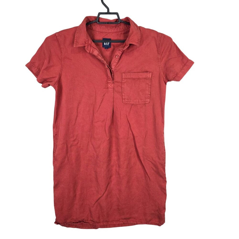 Womens Gap Red Polo Shirt Dress Short Sleeve 100% Lyocell Front Pocket Size M